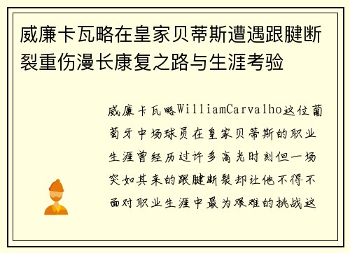 威廉卡瓦略在皇家贝蒂斯遭遇跟腱断裂重伤漫长康复之路与生涯考验 威廉卡瓦略在皇家贝蒂斯遭遇跟腱断裂重伤漫长康复之路与生涯考验